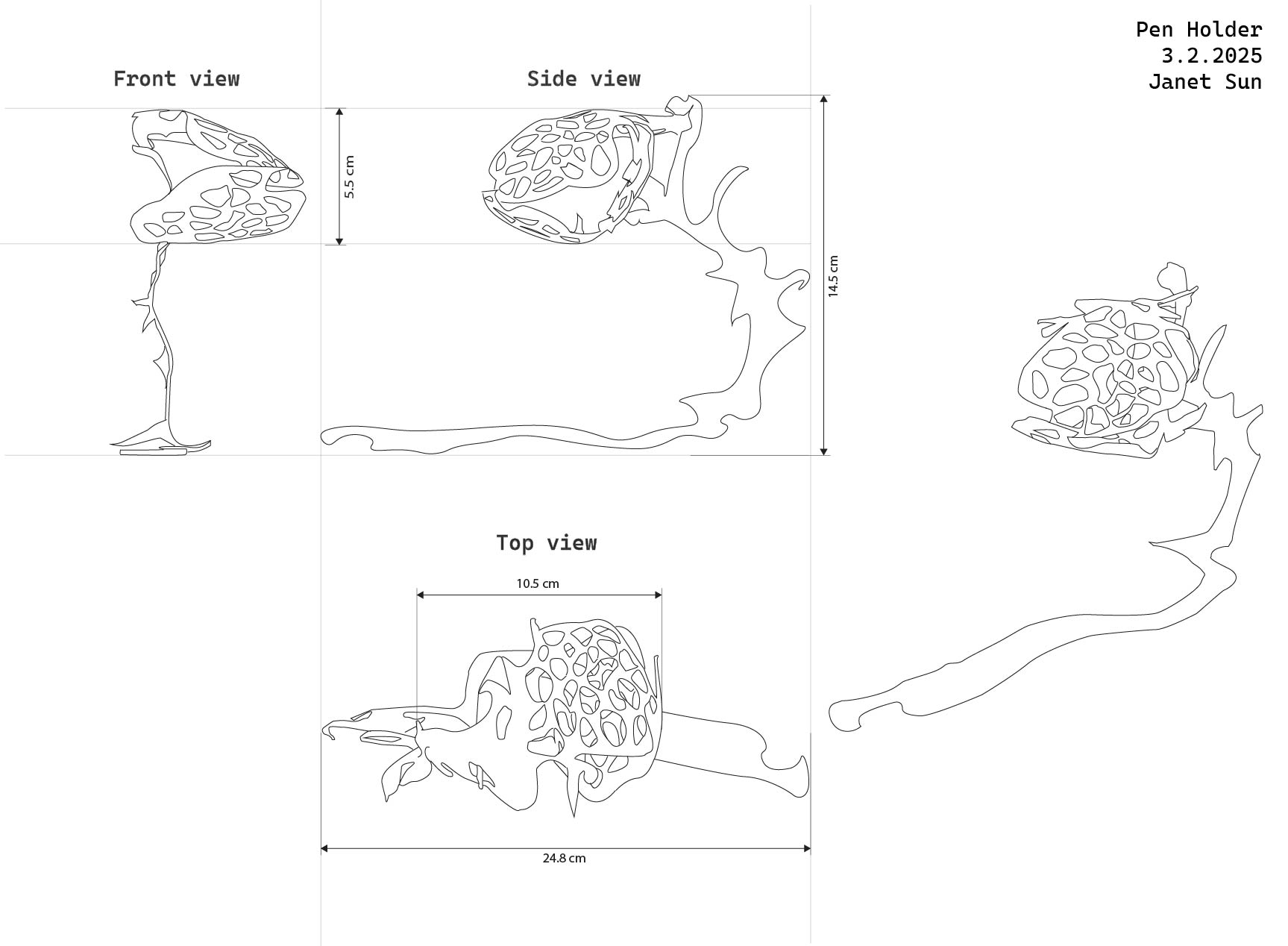 Bloom — Pen Holder orthographic drawing, Janet Sun 3.2.2025